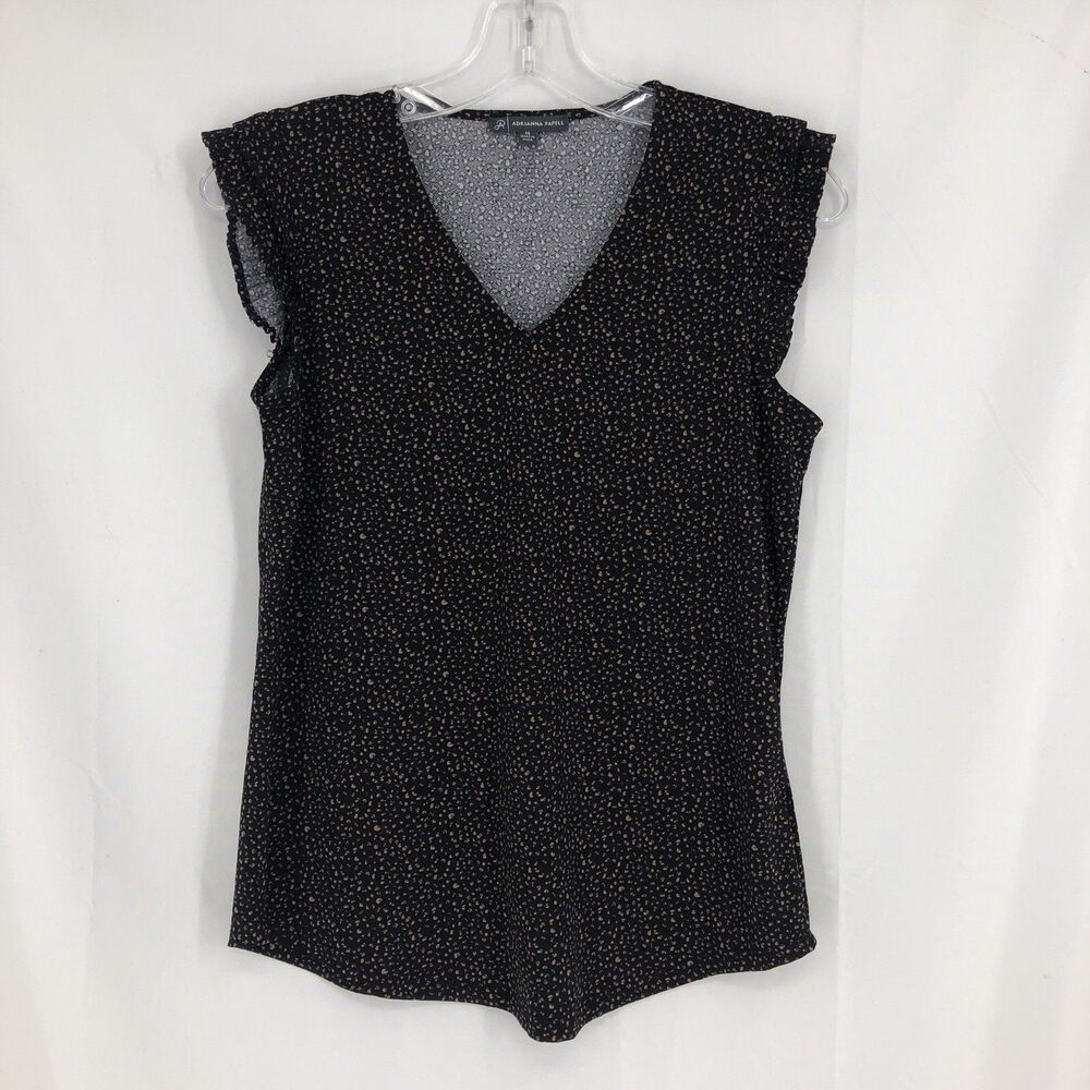 Adrianna Papell Blouse XS Black Brown Dot Pleated Ruffle Cap Sleeve V-Neck